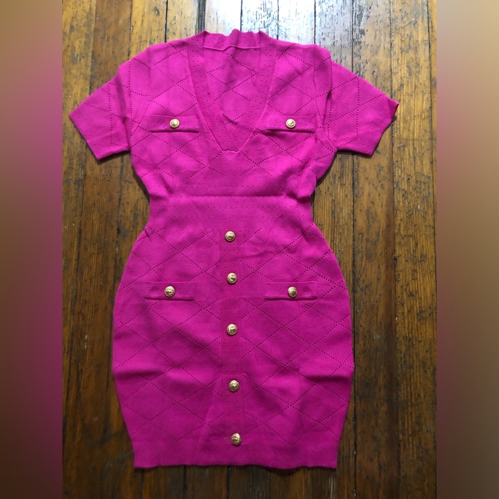 V-Neck Single Breasted Knitted Dress Vintage Buttons Slim Solid Casual Dress A9